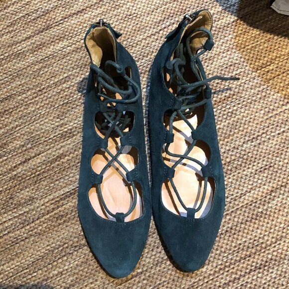 Nine West Lace Up Signmeup Pointy-Toe Gladiator Blue Suede Flats Size 7.5 EUC - Picture 1 of 10